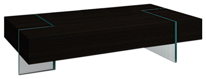 Modern Rectangular Coffee Table With 15MM Thick Glass Base, Wenge, 12'' Height