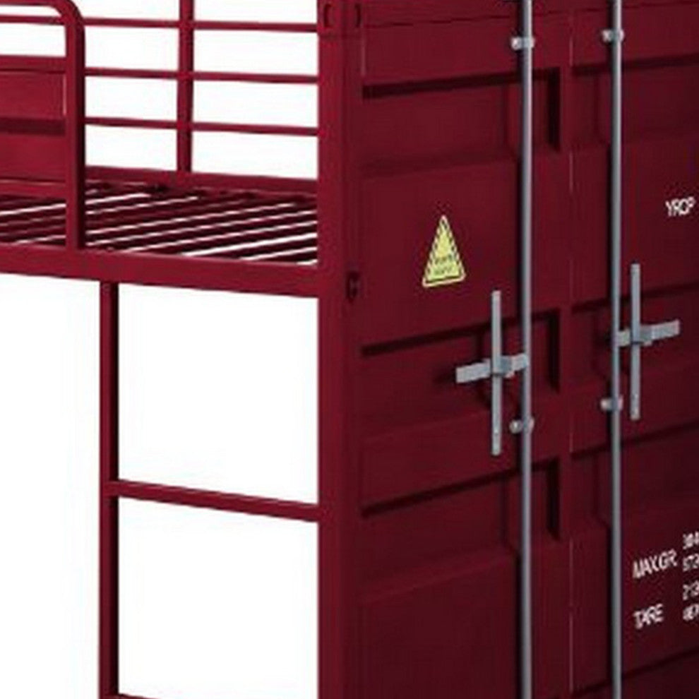 Benzara BM261728 Twin Loft Bed With Metal Frame and Slide, Red