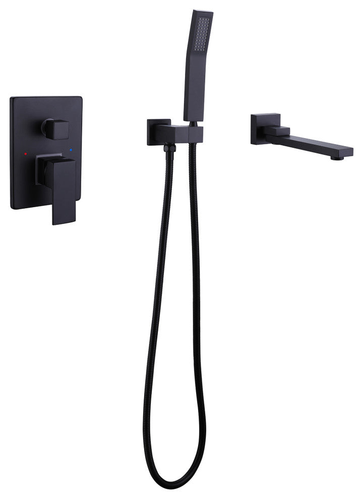 Wall Mounted Double Handle Roman Tub Faucet with Hand Shower, Matte Black