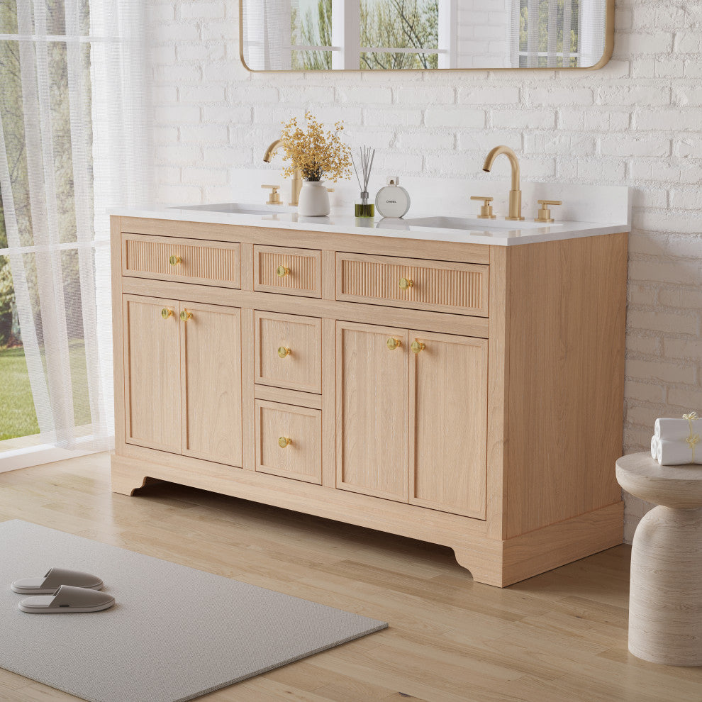 Solid Wood Bathroom Vanity with Carrara White Quartz Top, CUPC-certified Sink, 60"