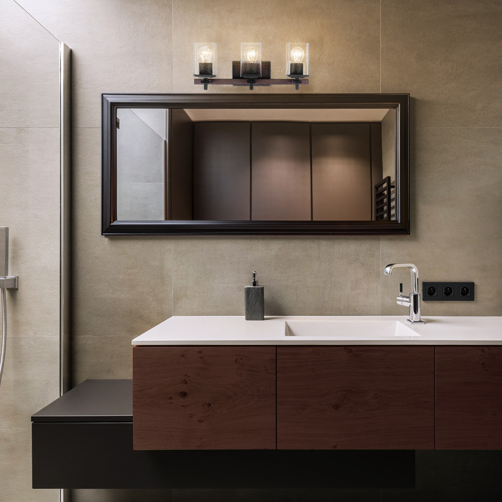 3-Light Matte Black Vanity Light with Seeded Glass Shades