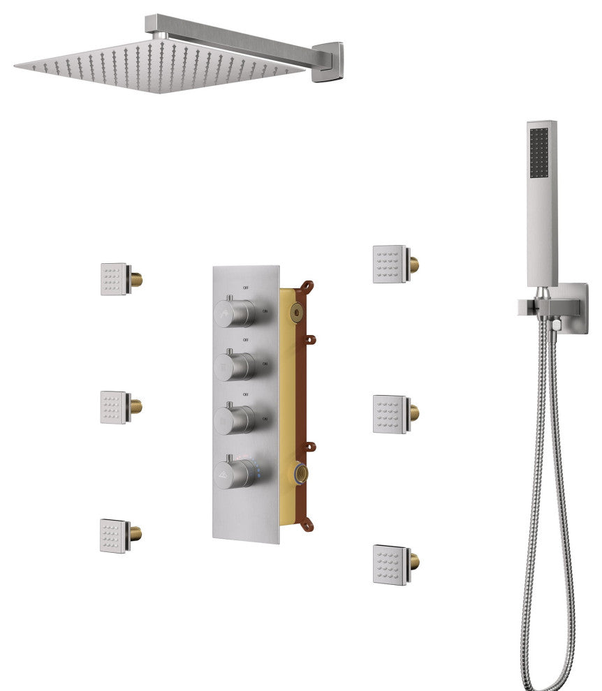 CASAINC 12" Wall Mounted Luxury Shower System Set w 6 Body Jets, Brushed Nickel