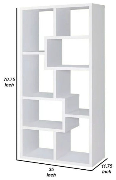 Tall Modern Bookcase, Geometric Design With Open Comparments, White