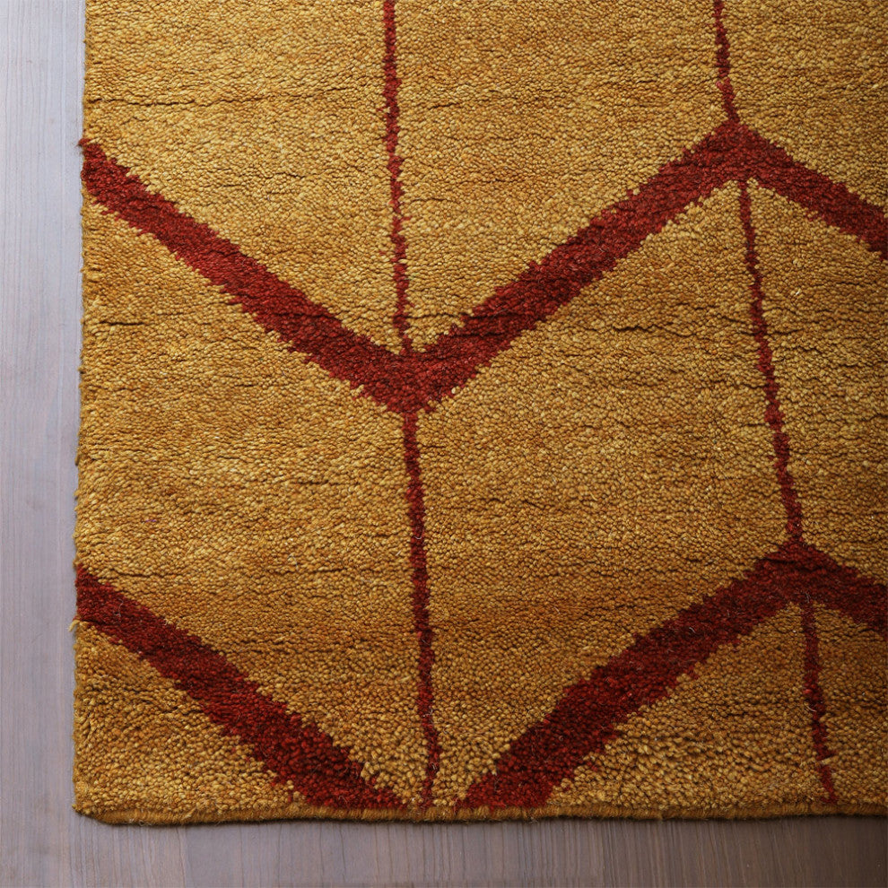Hand Knotted Wool Area Rug Geometric Gold Red