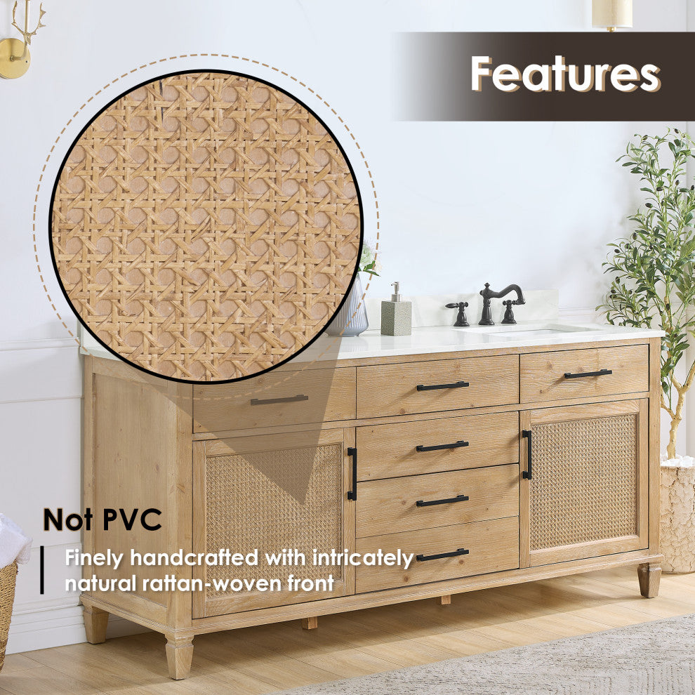 Solana Bathroom Vanity with Calacatta White Quartz Stone Countertop, Weathered Fir, 72", Without Mirror