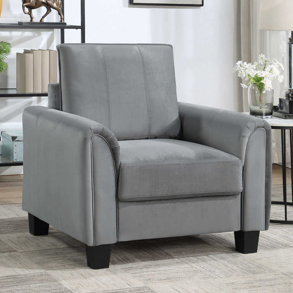 Upholstered Rolled Arm Accent Chair, Gray and Black