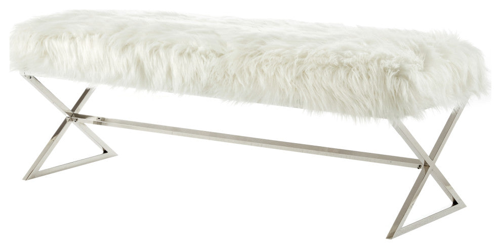 Oria Faux Fur X-Leg Base Bench, White and Chrome