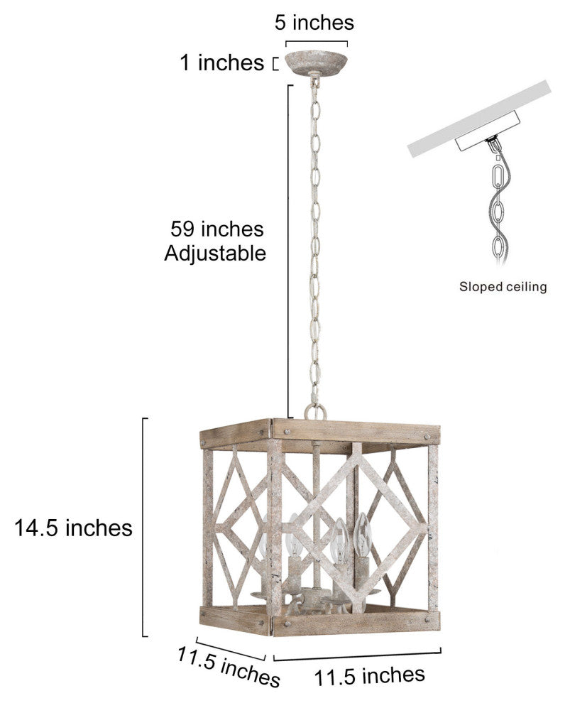 LALUZ 4-Lights Antique White Wood Farmhouse Square Chandelier