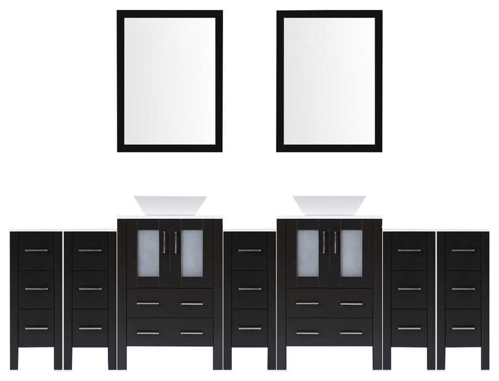 Modern Vanity Set With Two Sink Bases With Mirrors and Five Drawer Bases, Espres