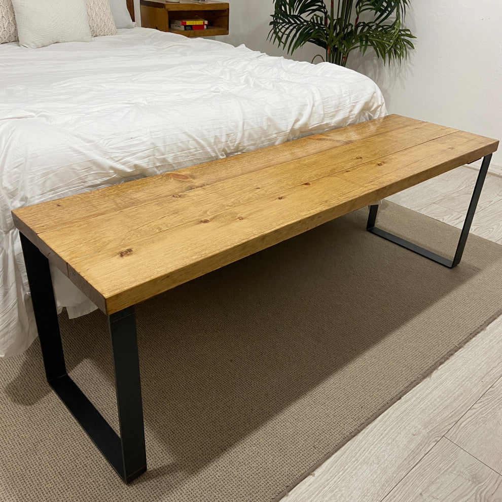 Bedroom or Entryway Bench, Heavy Duty Industrial Metal Legs, Golden Brown, Length 52", Fits Full Bed