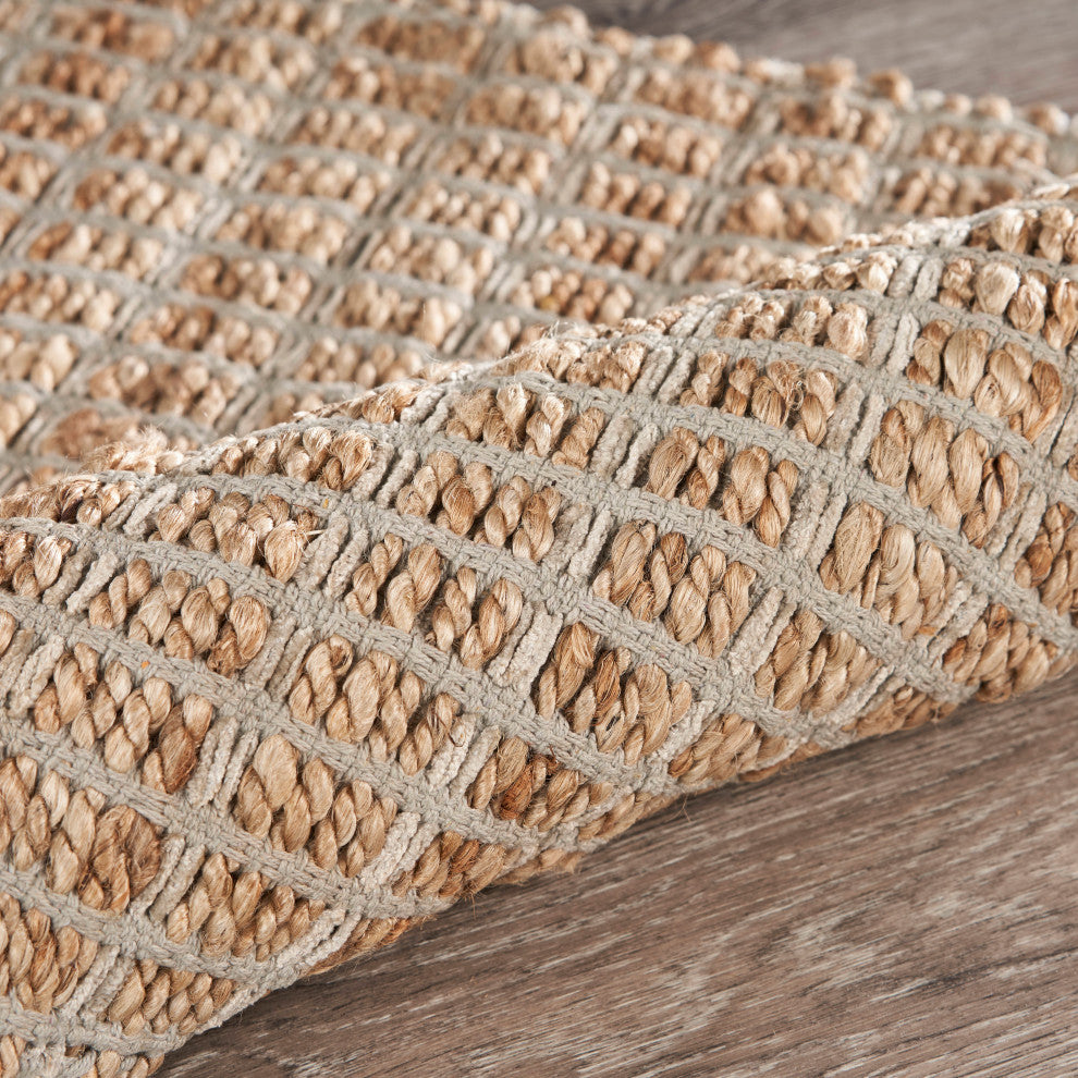 Gray Modern Grid Organic Jute Area Rug, 9'x12'