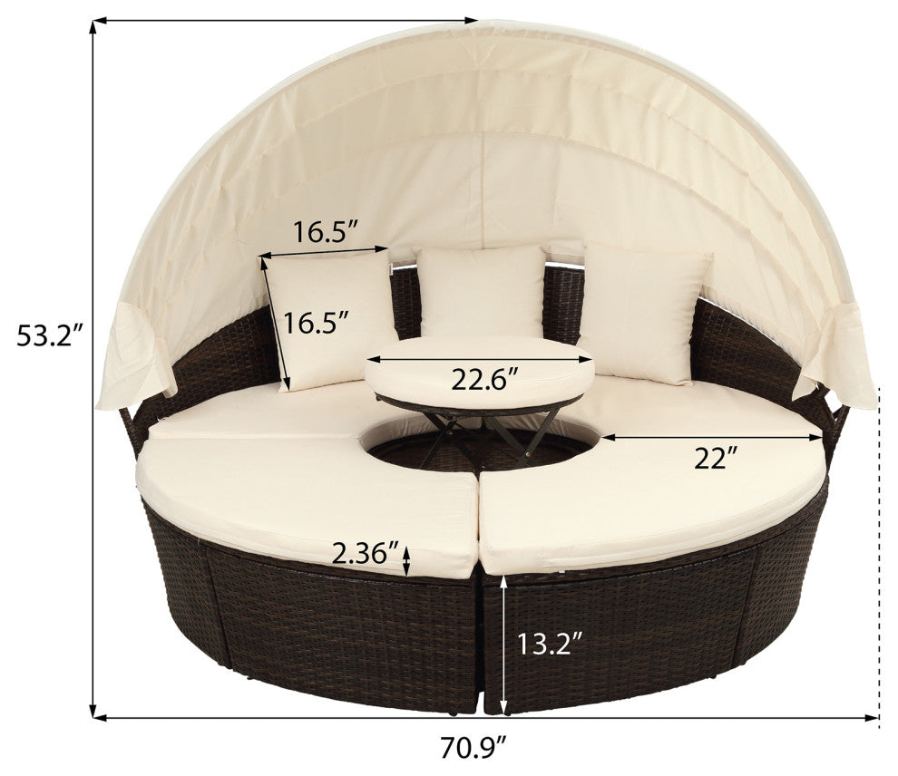 Round Outdoor Sectional Sofa Set Rattan Patio Daybed With Canopy, Beige