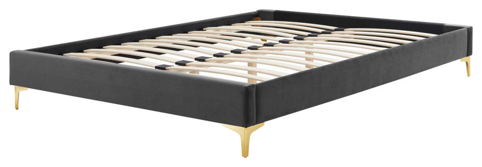 Platform Bed Frame, Full Size, Velvet, Dark Gray, Modern Contemporary