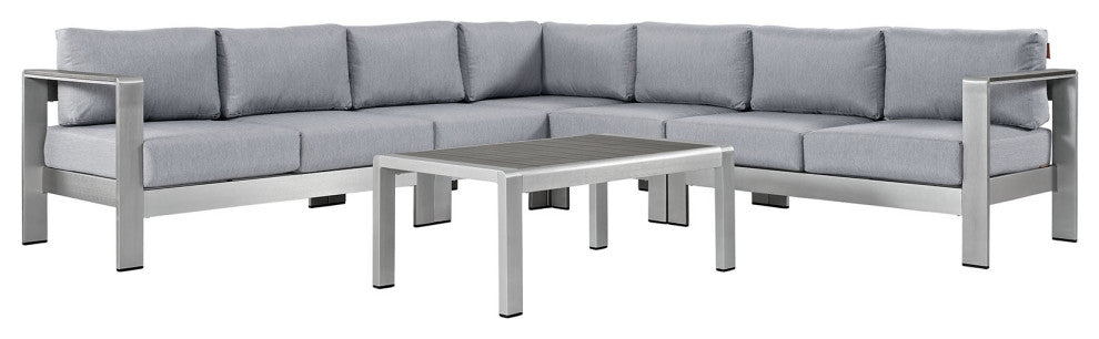 Modway Shore 6 Piece Outdoor Patio Aluminum Sectional Sofa Set, Silver Gray