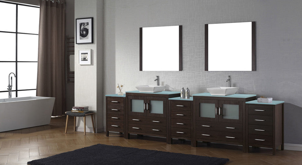 Virtu Dior 126" Double Bathroom Vanity, Espresso, Faucet, Mirrors