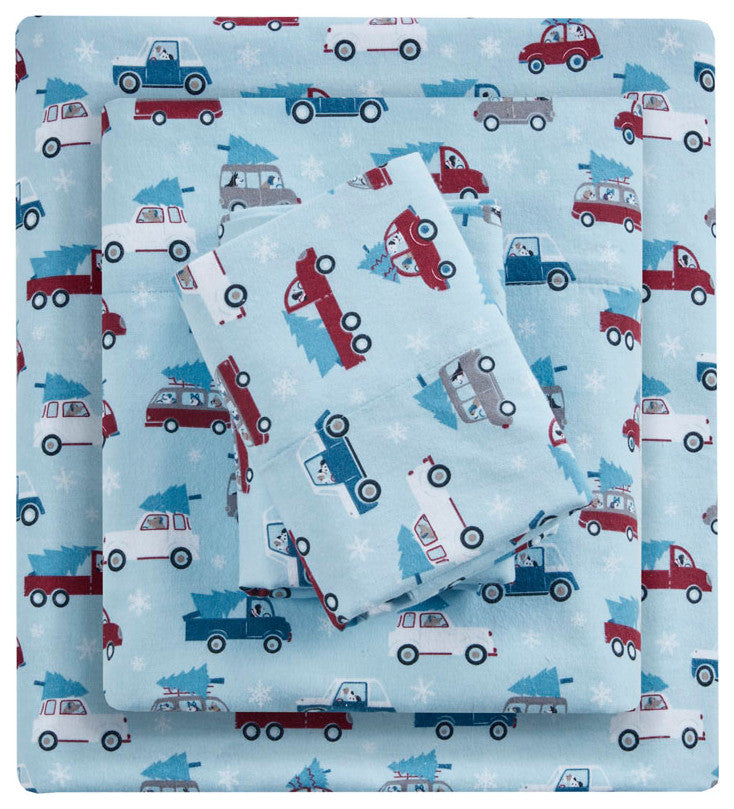 True North by Sleep Philosophy Cotton Flannel Winter Sheet Set, Christmas Truck