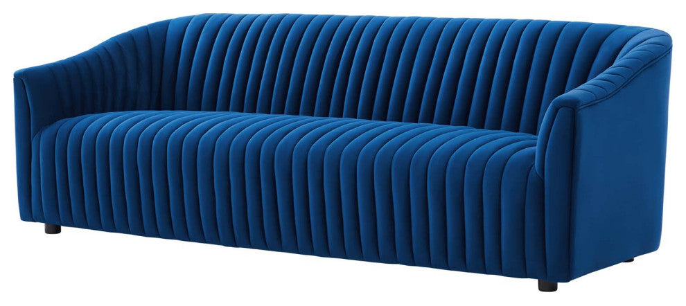 Tufted Sofa, Blue Navy, Velvet, Modern, Mid Century Hotel Lounge Cafe Lobby