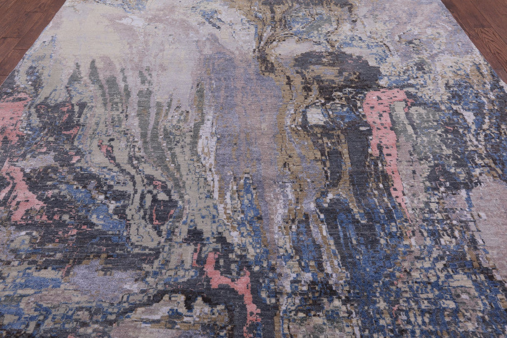 9' 0" X 11' 9" Abstract Hand Knotted Wool and Silk Rug Q7051