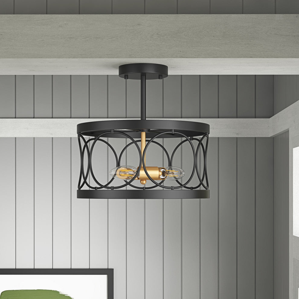 Farmhouse 3-Light Metal Drum Shape Semi Flush Mount Ceiling Light