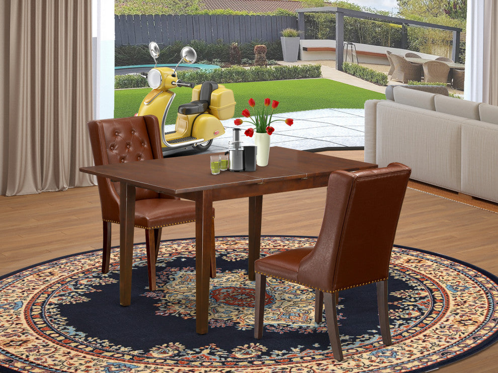 3Pc Dining Set, 1 Picasso Butterfly Leaf Table, 2 Brown Padded Chairs, Mahogany