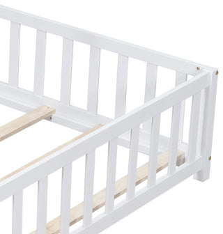 Gewnee Full Size Floor Platform Bed with Fence and Door, White