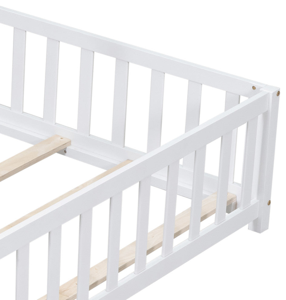 Gewnee Full Size Floor Platform Bed with Fence and Door, White