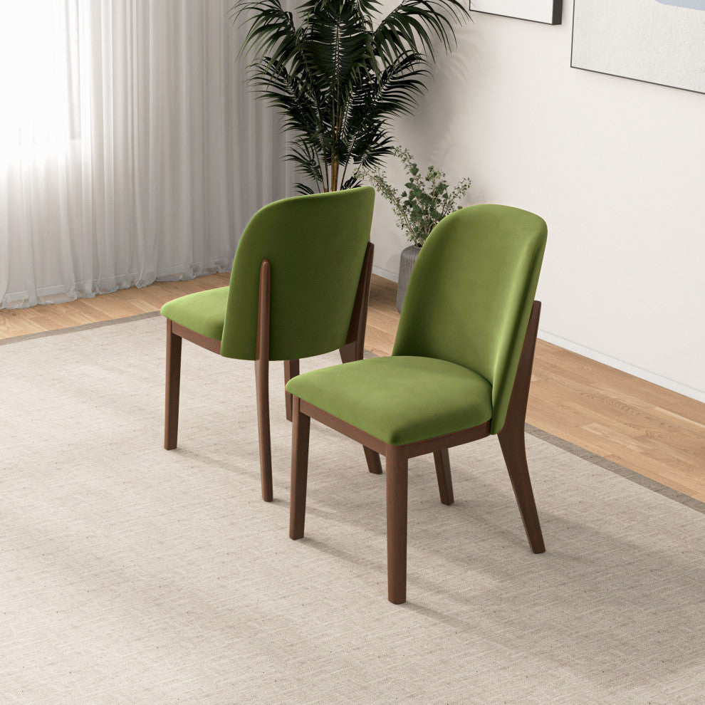 Belfast Mid-Century Modern Solid Wood Upholstered Dining Chair, Set of 2, Green