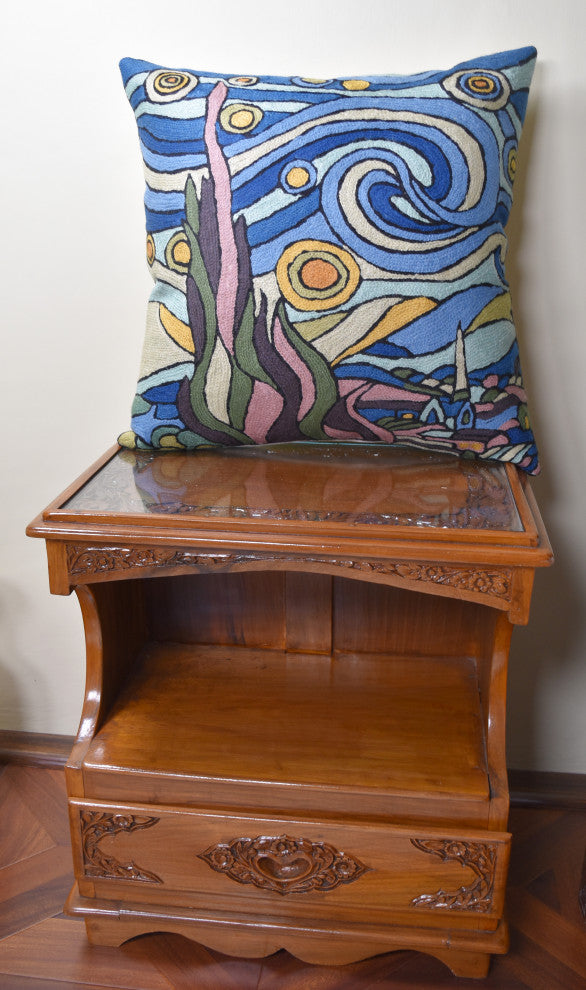 Blue Starry Night Decorative Pillow Cover Van Gogh Hand Embroidered Wool 18x18