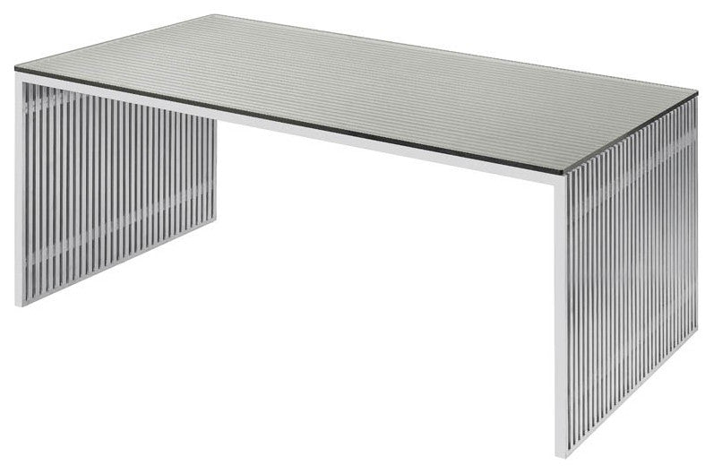 Stainless Steel Dining Table Glass Top Modern Table, Brushed
