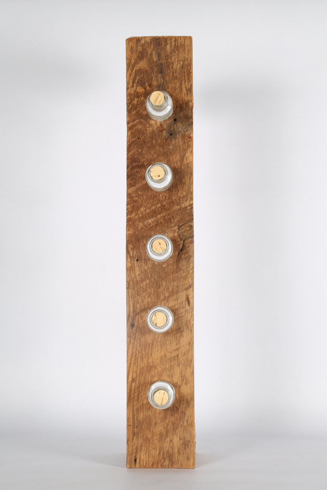 Glass Bud Vase Arrangement With Reclaimed Wood Holder, 5 Bottles