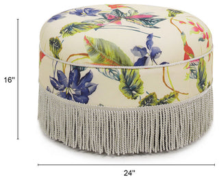 Yolanda 24" Upholstered Round Accent Ottoman, Tropical Floral Beige