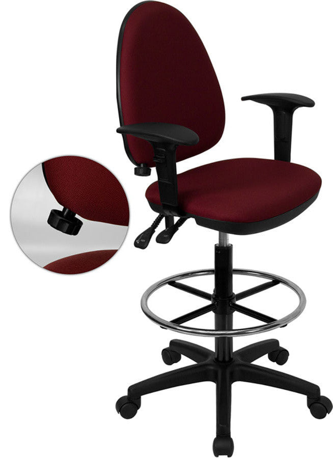 Mid-Back Burgundy Fabric Multifunction Drafting Chair