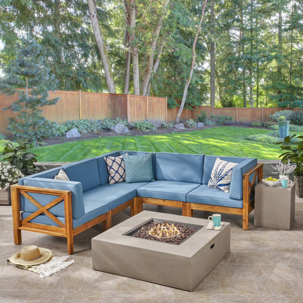 GDF Studio 7-Piece Cytheria Outdoor Sectional Acacia Wood Sofa Set With Fire Pit, Blue