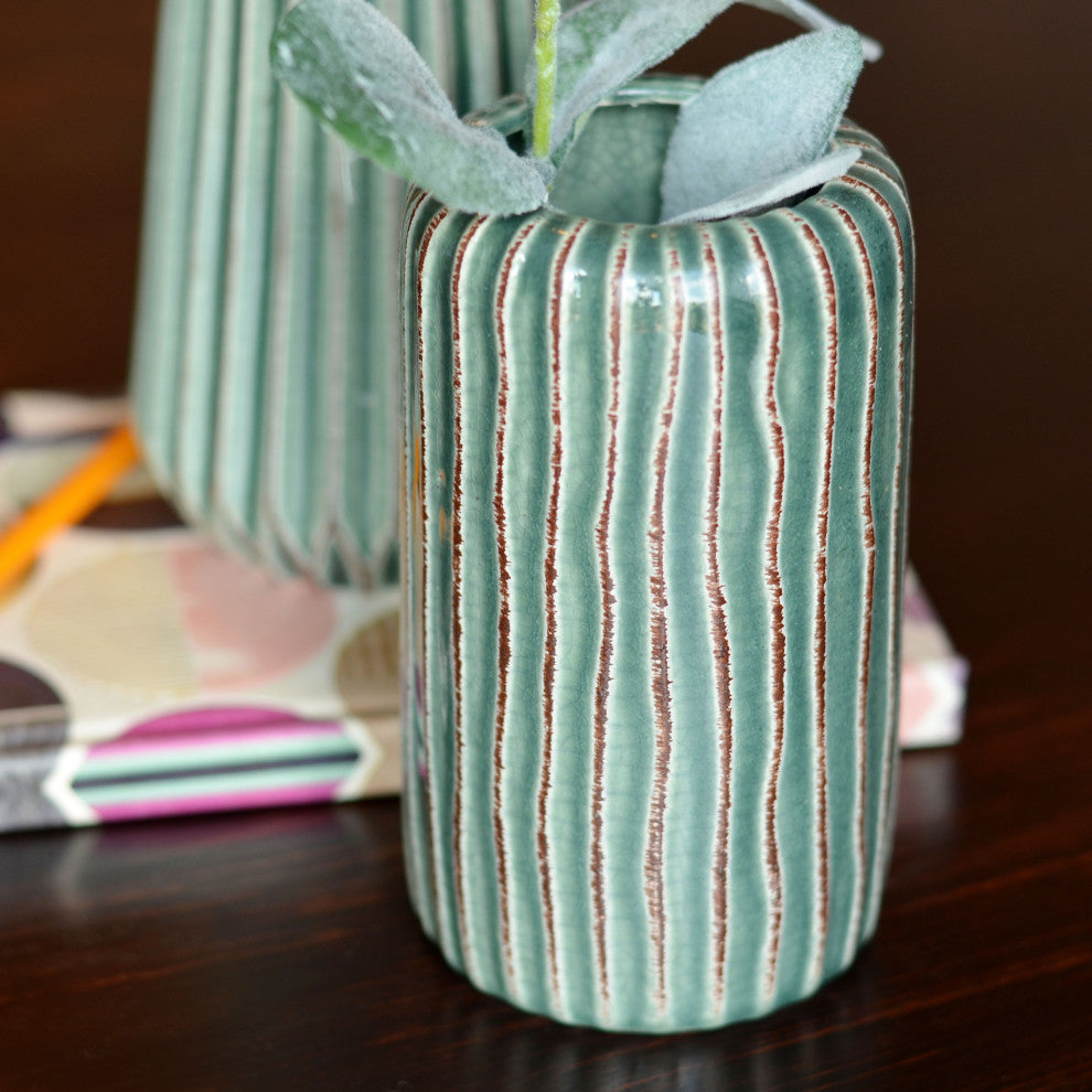 2 Piece Pastel Green Stoneware Table Vase Set
