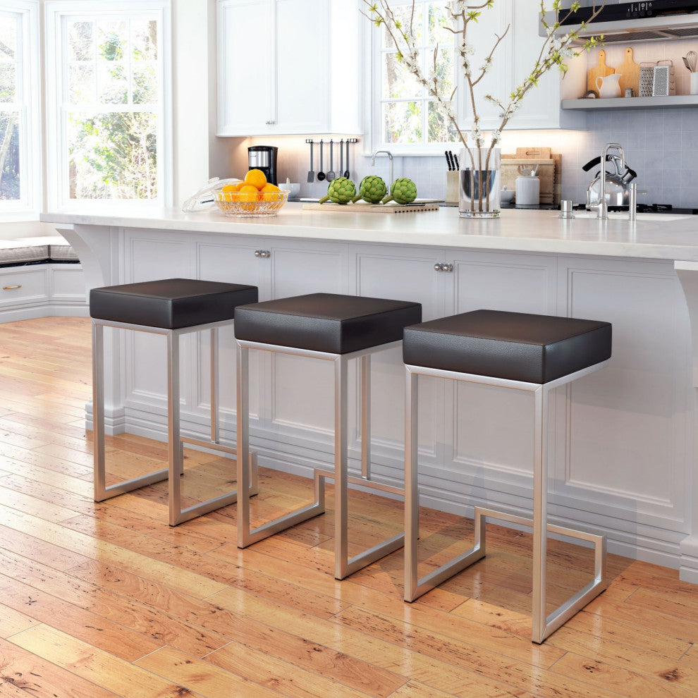 Counter Stool Chair, Set of 2, Faux Vinyl Leather, Steel, Black, Silver, Cafe