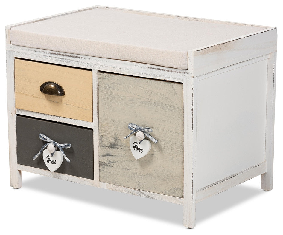 Modern Transitional Beige Fabric Upholestred Wood 3-Drawer Storage Bench