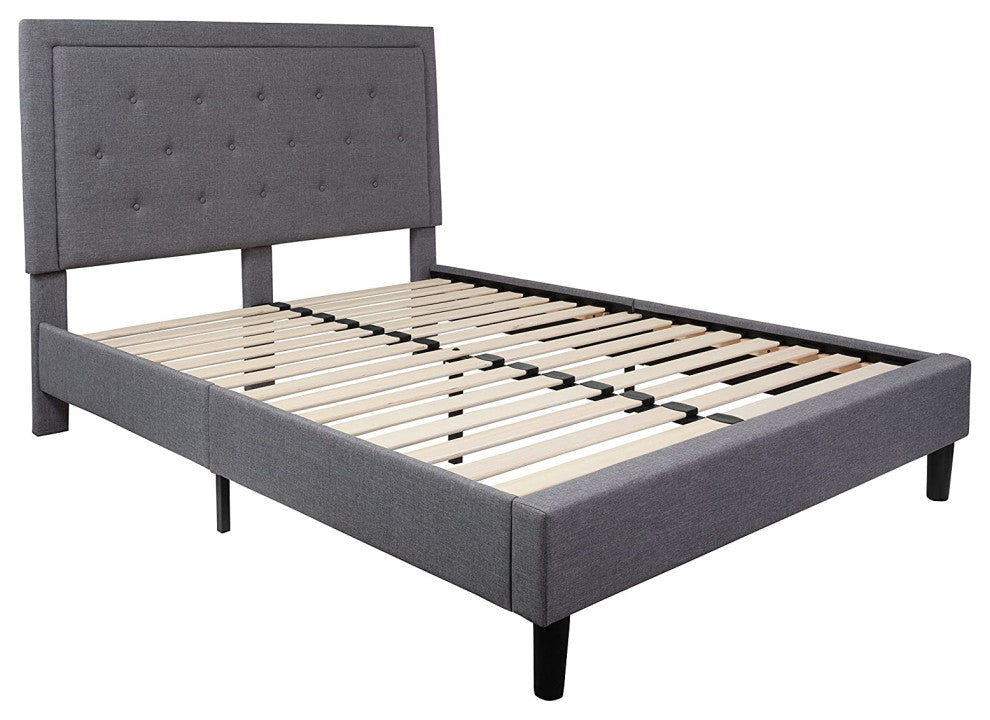 Contemporary Queen Platform Bed, Plywood Frame & Tufted Headboard, Light Grey