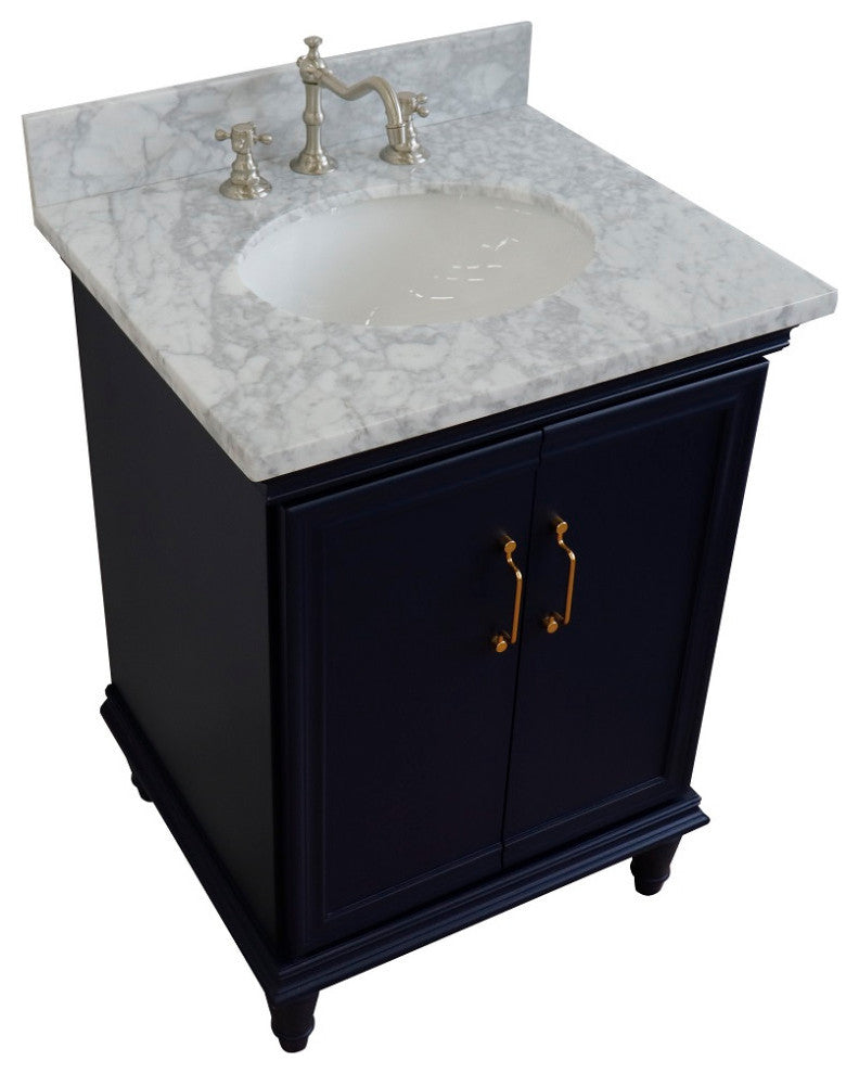 25" Single Vanity, Blue Finish With White Carrara And Oval Sink