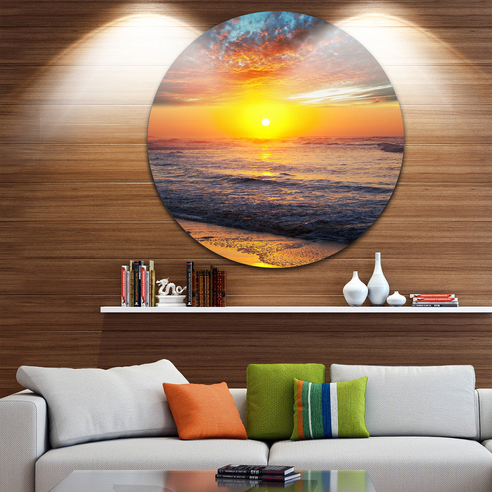 Bright Sunset Over Blue Waters, Beach Disc Metal Wall Art, 36"