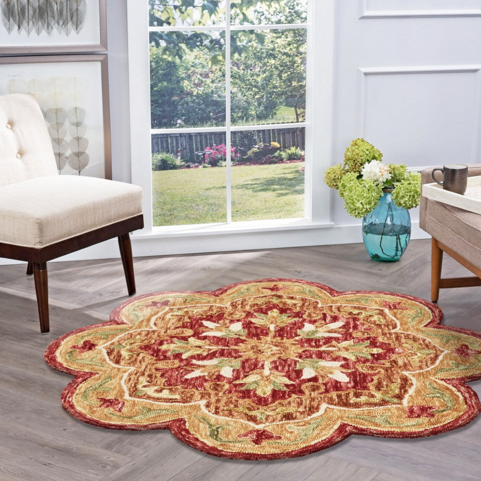 6" Round Rustic Red Scalloped Edge Area Rug