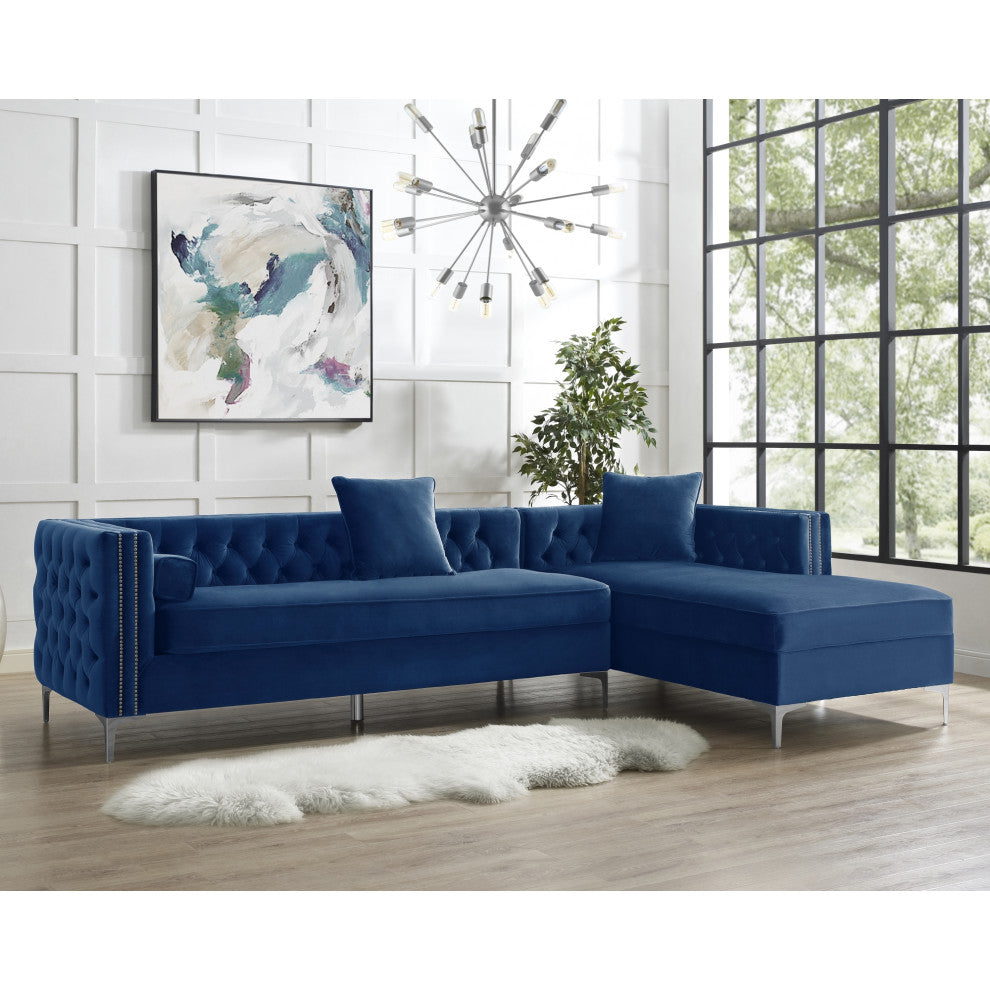 Jeannie Velvet Tufted With Nailhead Trim Sectional, Navy, Right Facing Chaise
