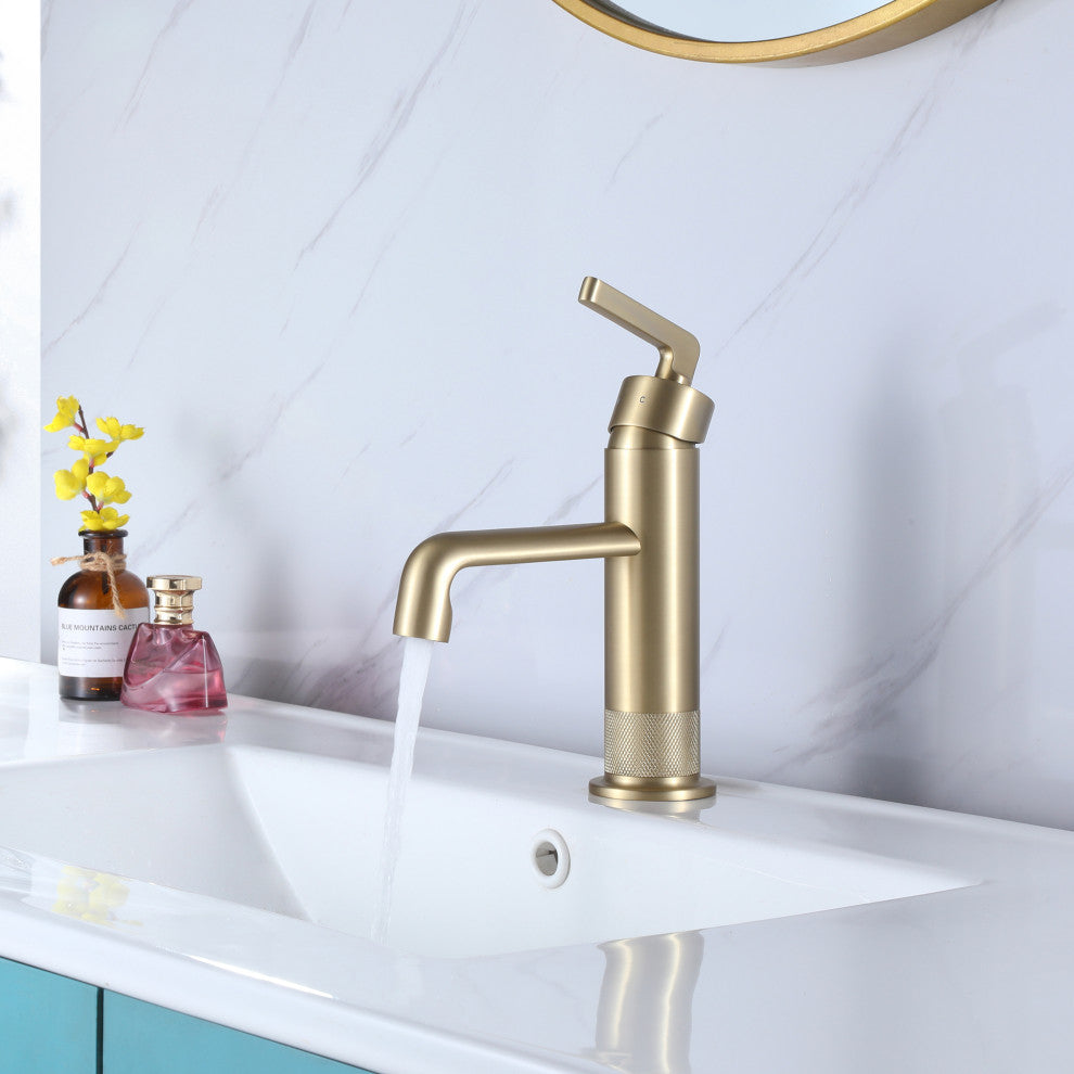 Deck Mounted Single Lever Handle Low-Arc Bathroom Vessel Faucet, Brushed Gold