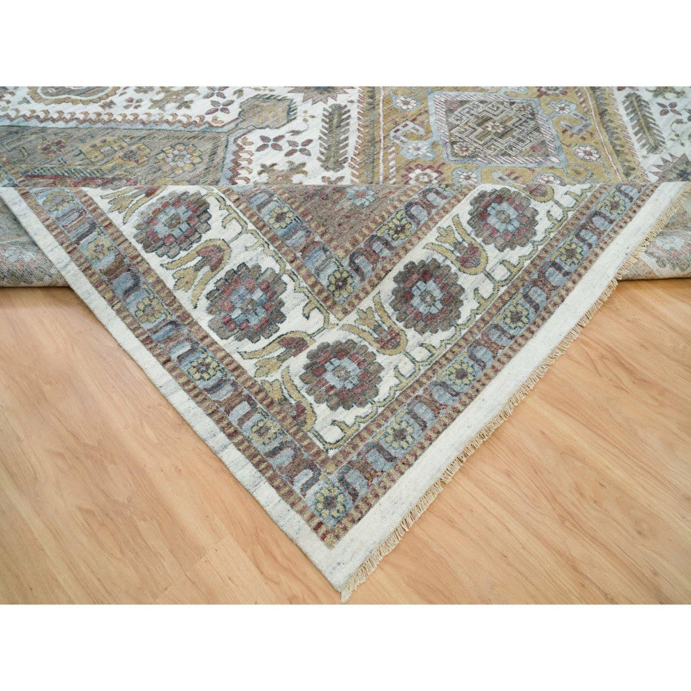 Pearl White Hand Knotted Unique Flower Rosettes Border Oversized Rug 13'8"x17'9"