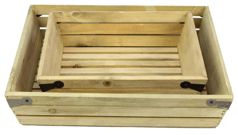 Set Of 2 Natural Wood Large And Small Square Crate With Metal Corner Design