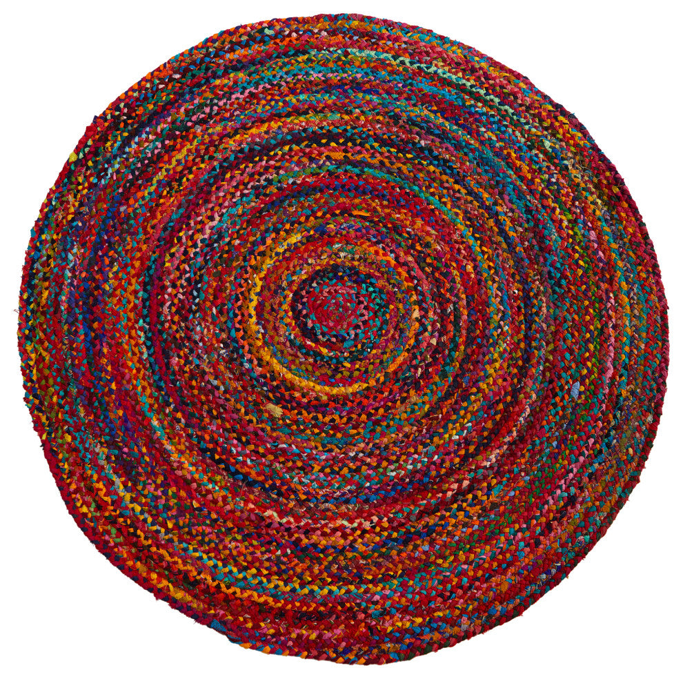 5' x 5' Hand Braided Boho Colorful Chindi Round Rug