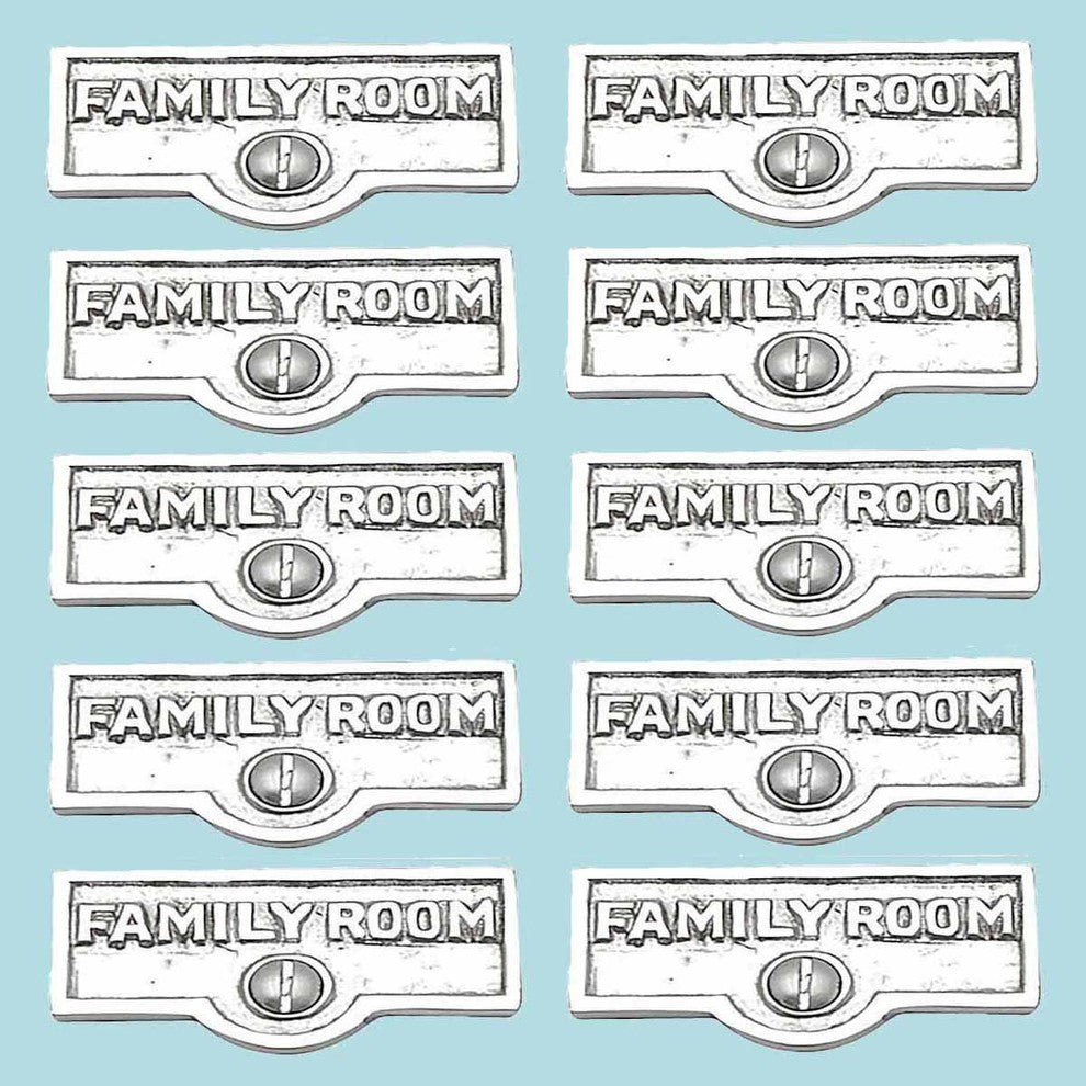 10 Switch Plate Tags FAMILY ROOM Name Signs Label Chrome Brass |