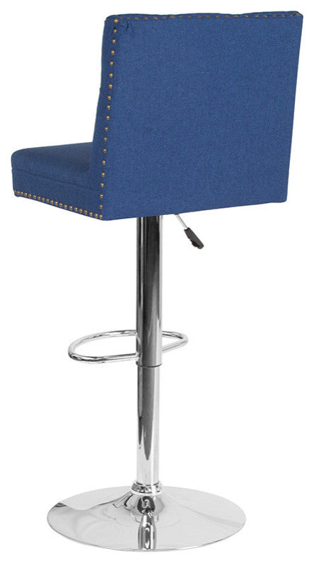 Contemporary Adjustable Height Barstool With Accent Nail Trim, Blue Fabric