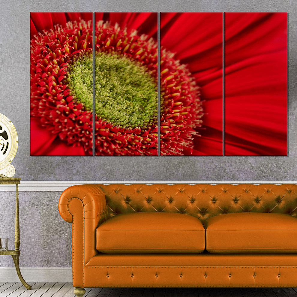 Red Daisy Gerbera Flower Close up, Flowers Canvas Artwork, 48"x28", 4 Panels