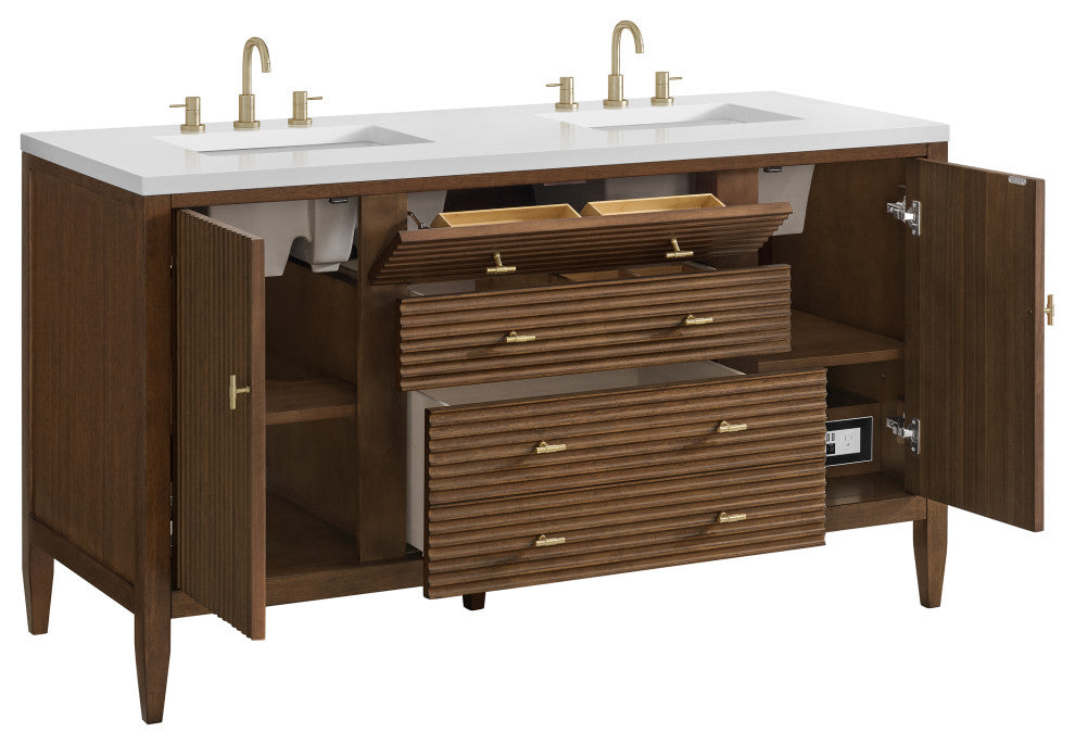 Myrrin 60" Double Vanity, Mid Century Walnut, 3 CM White Zeus Top