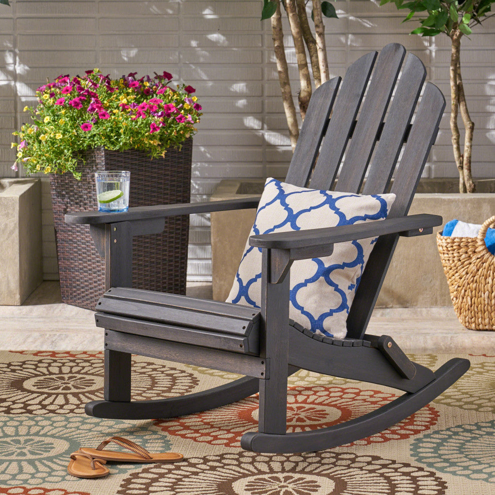 GDF Studio Cara Outdoor Adirondack Acacia Wood Rocking Chair, Dark Gray Finish